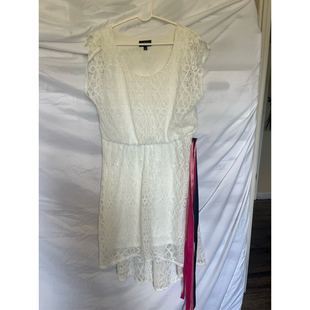 Women's White Lace Dress Short Sleeve High Low Hem Boho Cocktail SZ L
